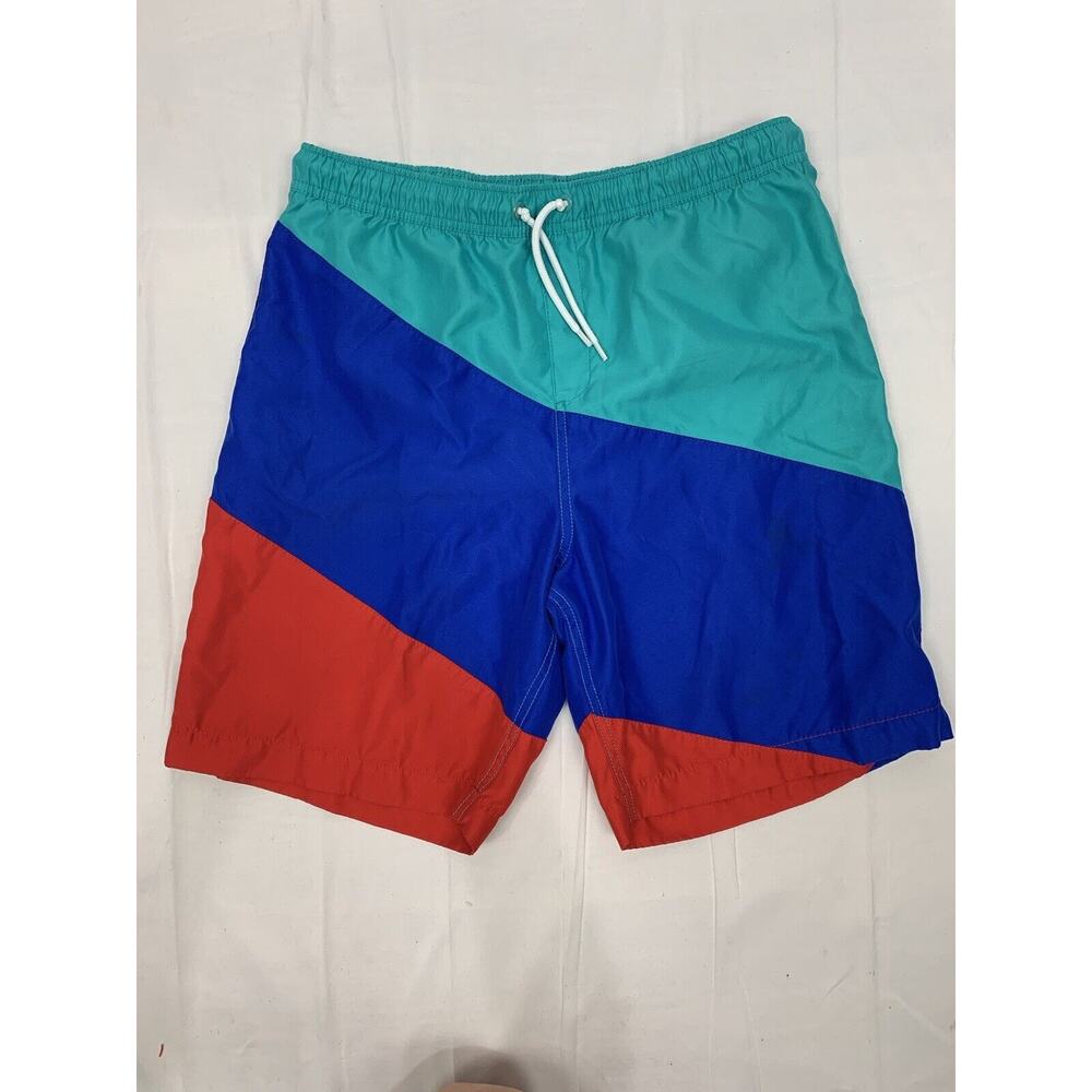 Lands End Boys Color Block Blue Red Swim Trunks Shorts 8 In Inseam Sz XXL 18-20